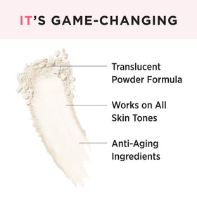 IT Cosmetics loose powder texture close-up demonstrating fine silk-milled finish and blur