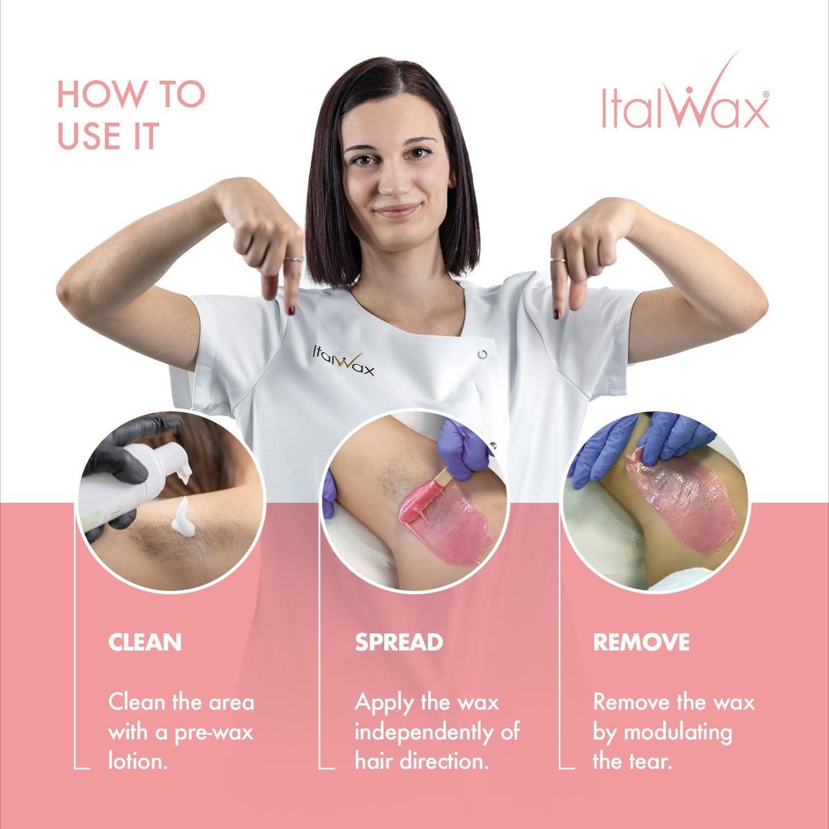 Italwax in-use on chin demonstrating gentle removal and reduced skin stress