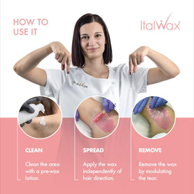 Italwax in-use on chin demonstrating gentle removal and reduced skin stress