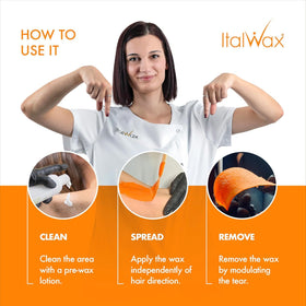 Italwax Coral removed wax strip beside ruler showing effective hair removal benefit