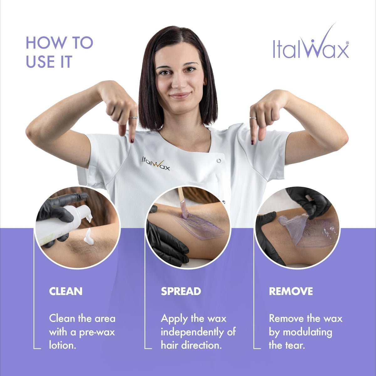 Italwax wax strip removal from underarm illustrating elastic pull and clean results