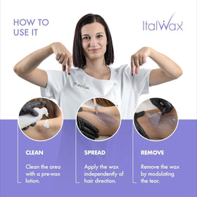 Italwax wax strip removal from underarm illustrating elastic pull and clean results