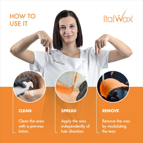 Italwax 450 g tub next to ruler for scale, convenient salon-friendly size