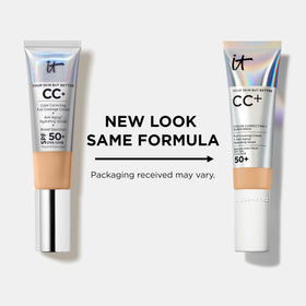IT Cosmetics CC+ tube beside ruler showing 1.08 fl oz size for portability