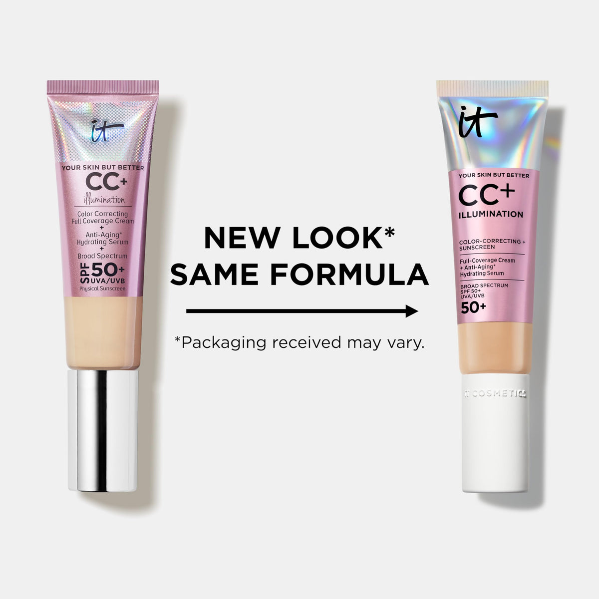 IT Cosmetics tube held in hand to show actual size and 1.08 fl oz scale