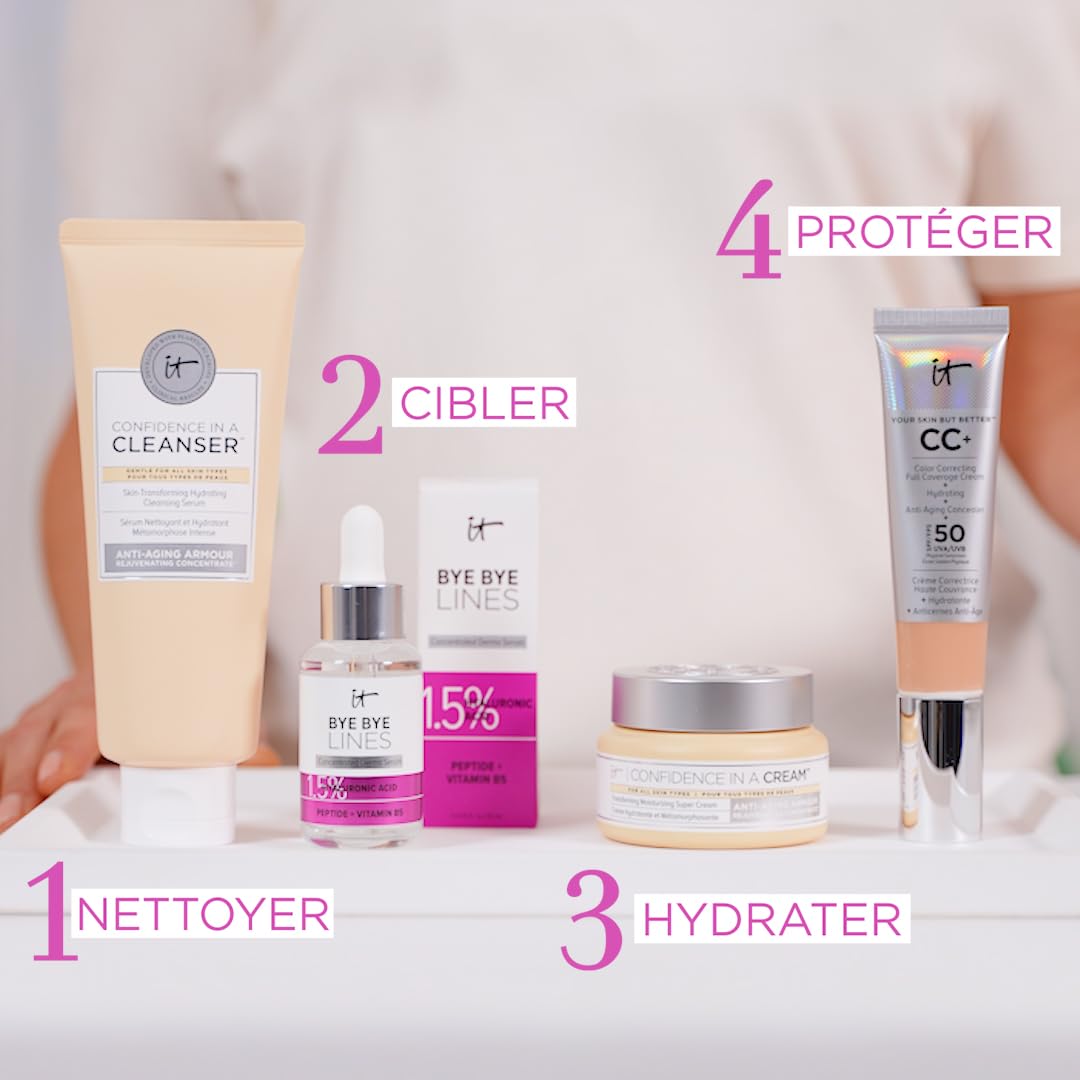 IT Cosmetics night routine setting with product near moisturizer for layering benefit