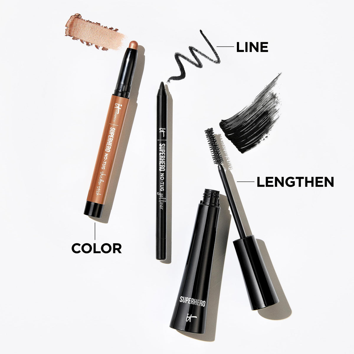 IT Cosmetics shadow stick beside travel bag illustrating portable, all-day wear