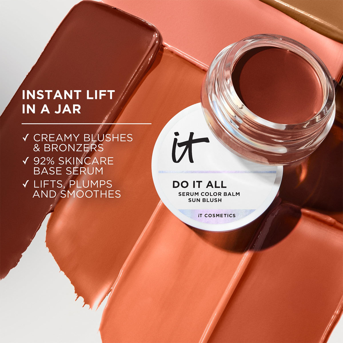 IT Cosmetics Sunlit swatch on skin demonstrating buildable natural color and glow