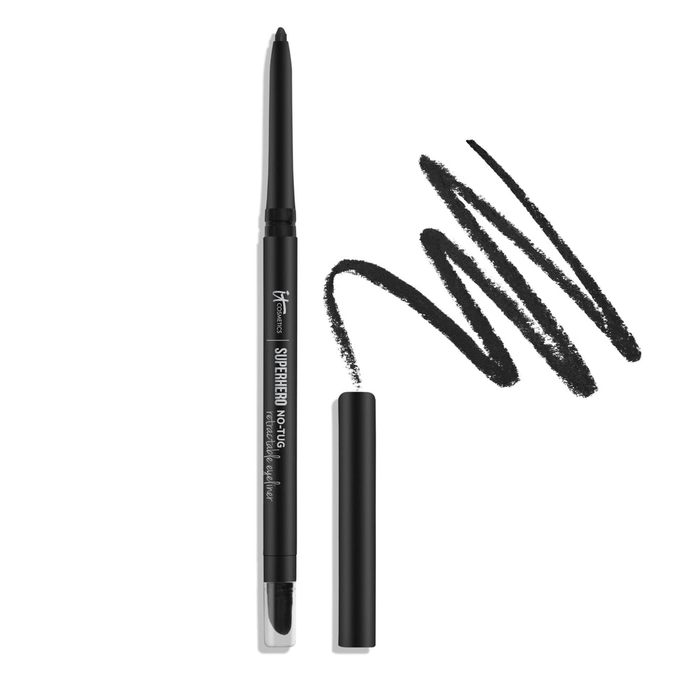 IT Cosmetics retractable eyeliner front view showing sleek black pencil and cap for easy handling