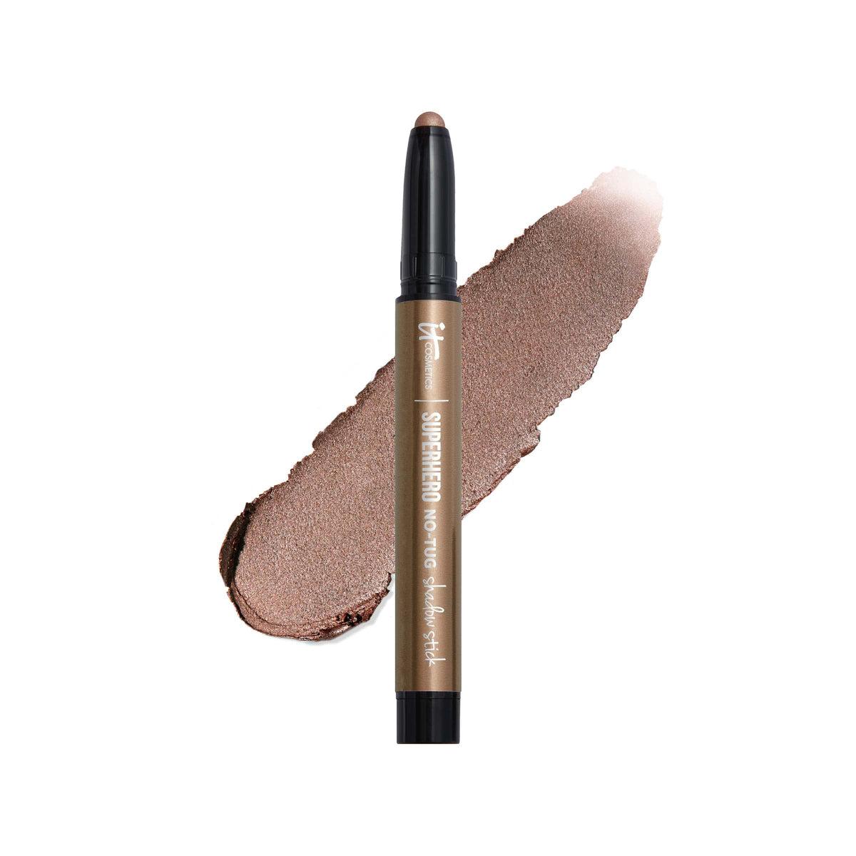 IT Cosmetics front packaging of the Superhero No-Tug Shadow Stick shows shade and benefit
