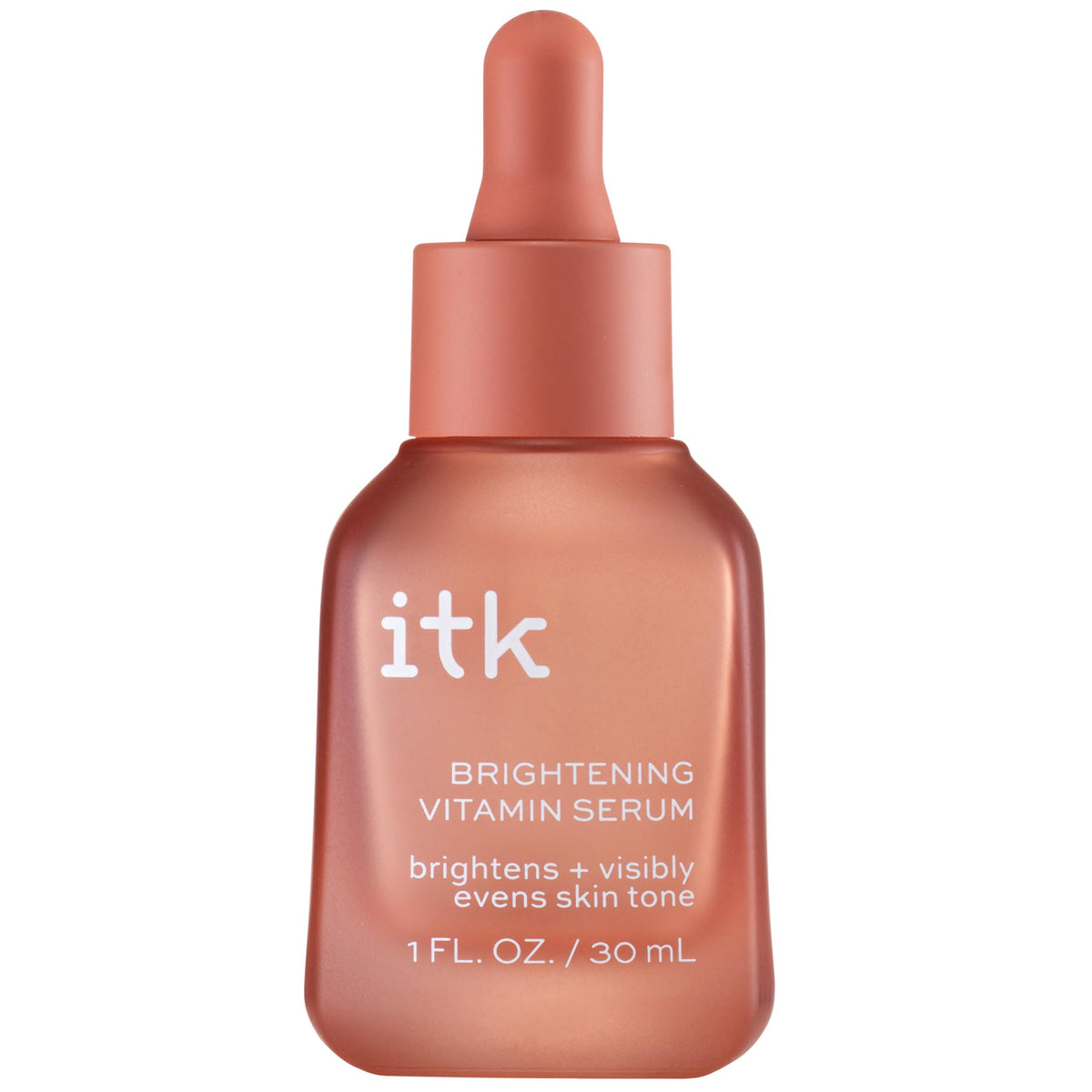 ITK brightening serum front packaging showing the bottle and label, promotes radiance