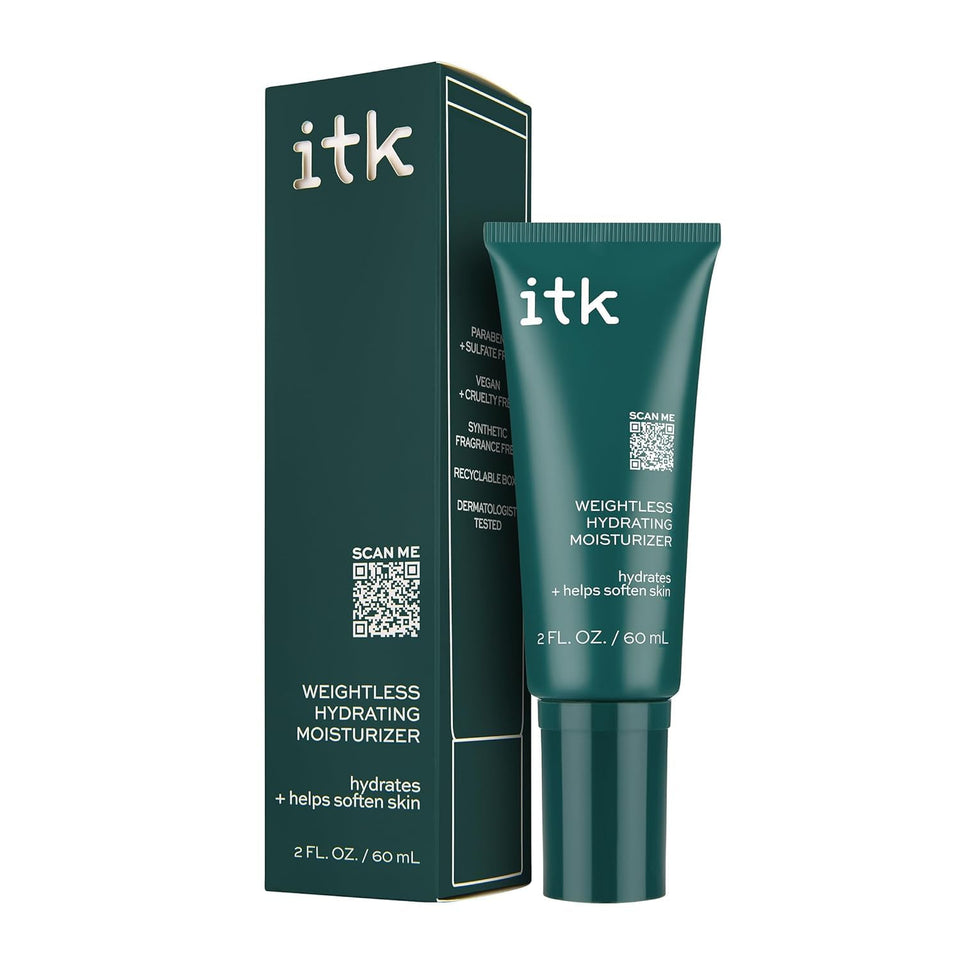 ITK weightless hydrating moisturizer front packaging showing label and size, easy daily use