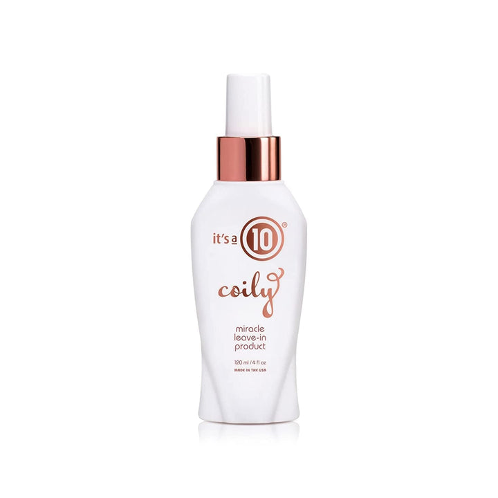 It's a 10 Coily Miracle Leave-In front packaging showing 4 oz bottle and label, highlights lightweight hydration