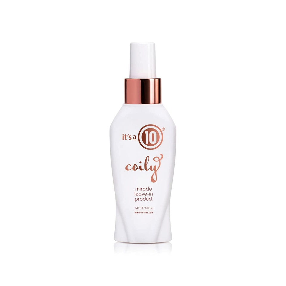 It's a 10 Coily Miracle Leave-In front packaging showing 4 oz bottle and label, highlights lightweight hydration