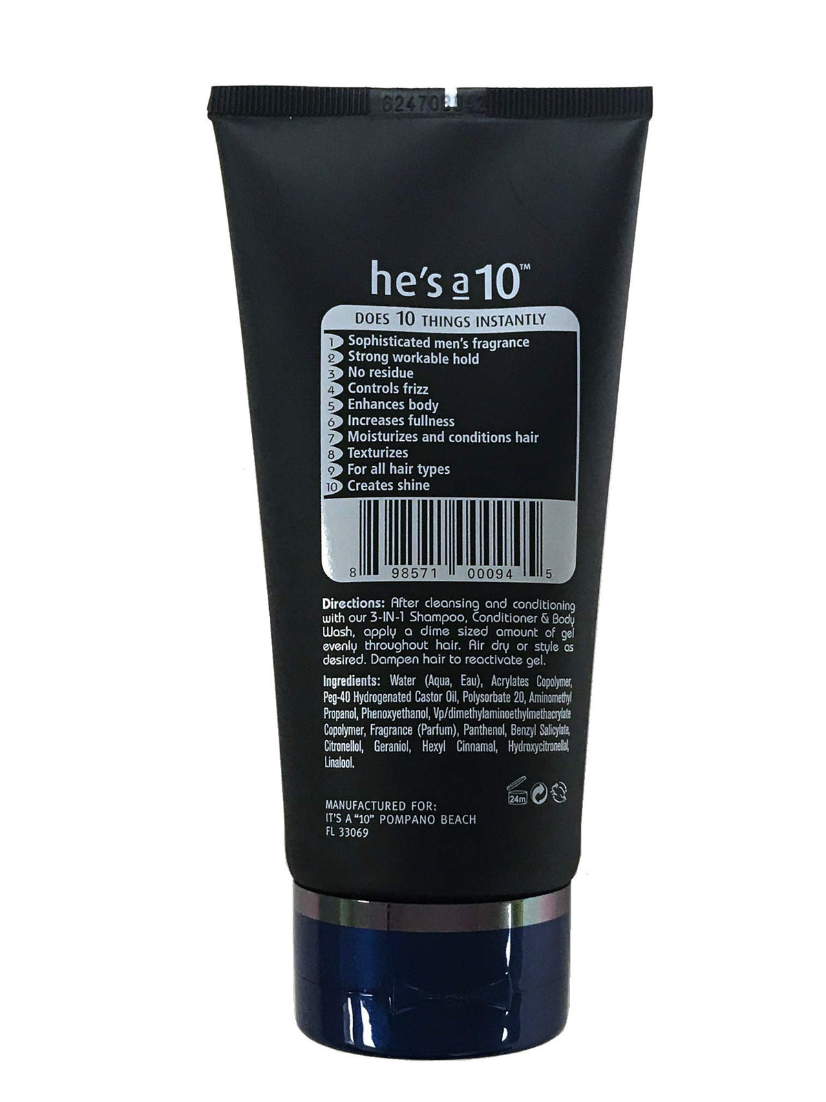 It's A 10 He Is A 10 Miracle Defining Gel Men texture close-up on palm demonstrating smooth, non-flaking formula and pliable hold