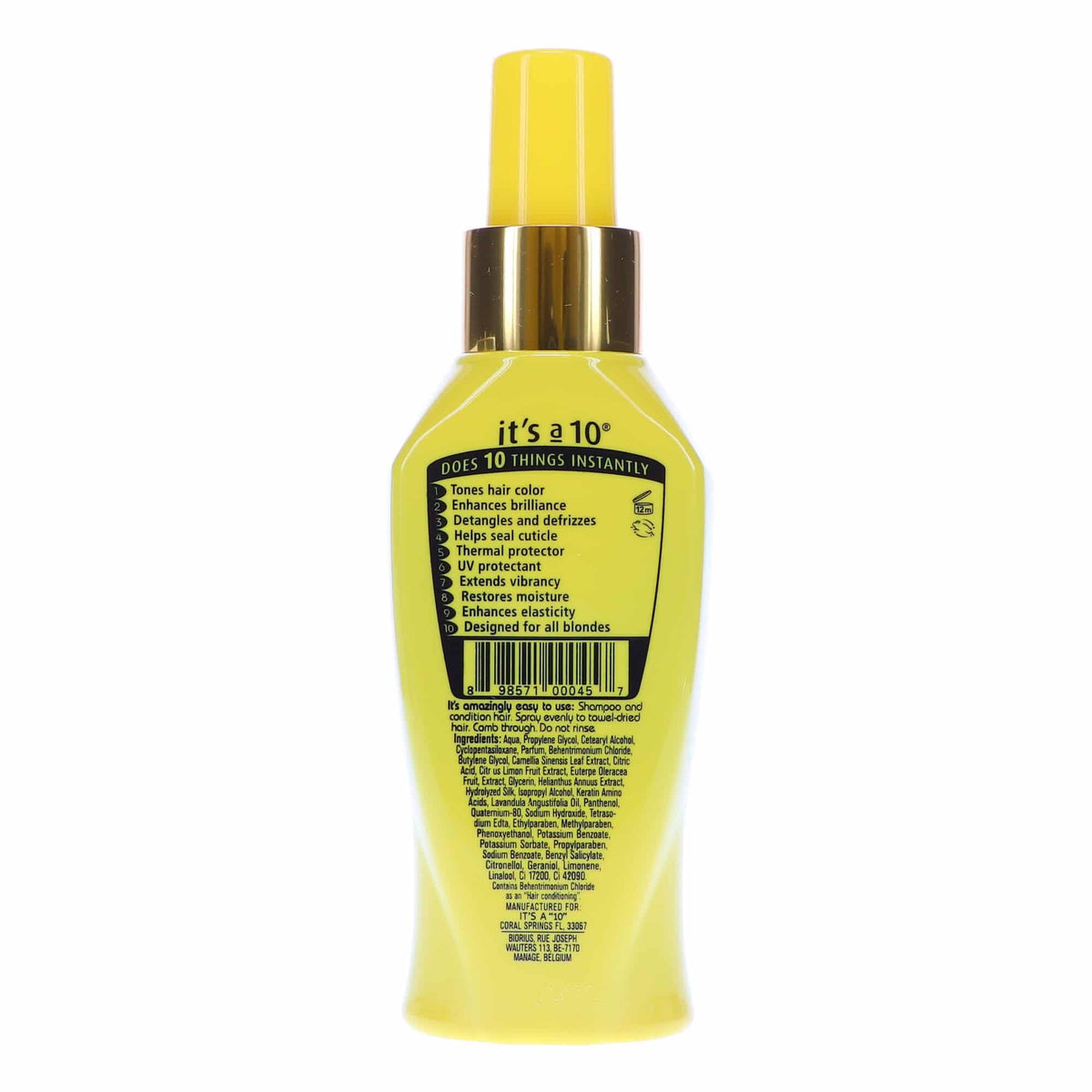 It's A 10 spray in use on blonde hair, detangling and adding golden shine