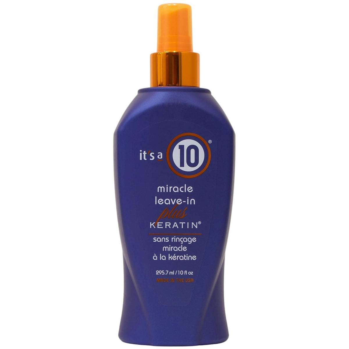 It's a 10 Haircare front bottle shot showing spray applicator and benefits
