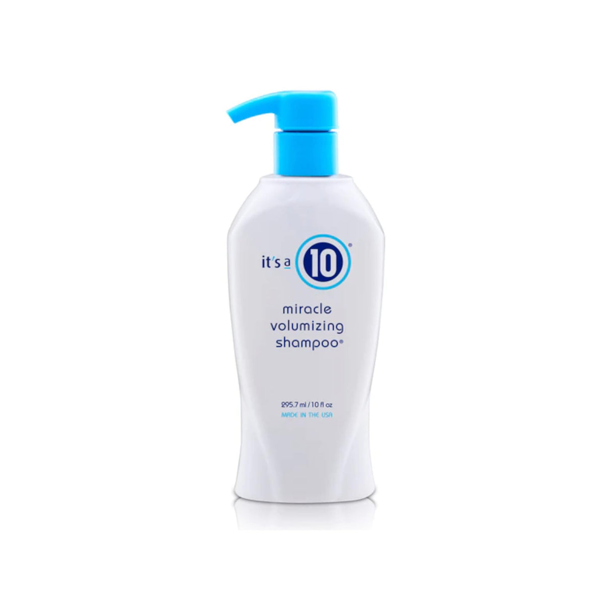 It's A 10 front bottle showing 10 oz label and volume benefits
