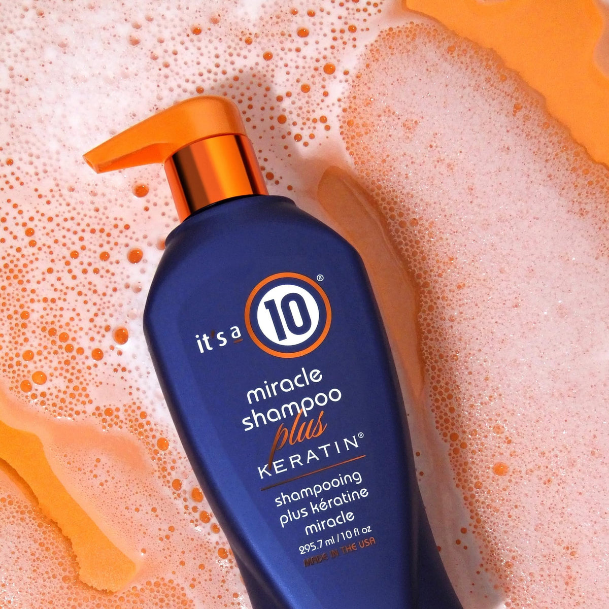 It's a 10 pump close-up showing dispenser and keratin formula convenience
