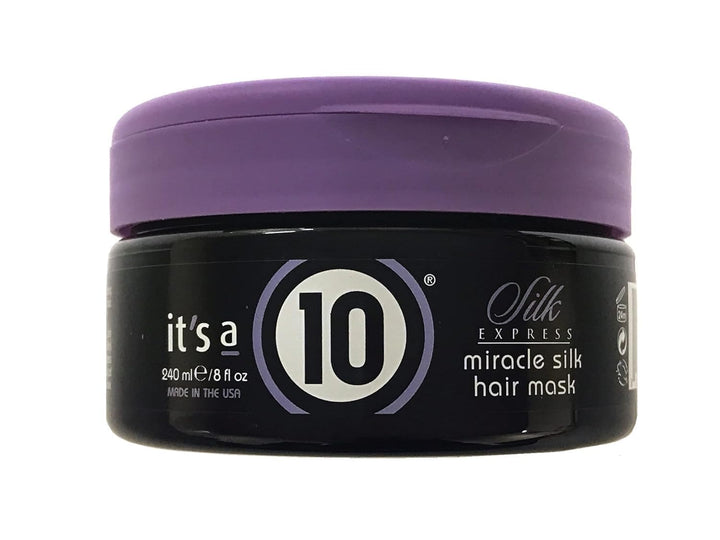 It's a 10 front packaging view showing bottle and benefits for quick silk restoration