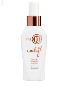 It's A 10 in-hair demo on coily curls showing defined, frizz-controlled results