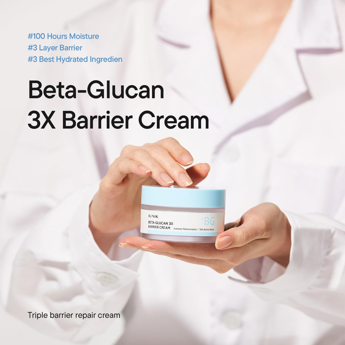 IUNIK cream applied on hand demonstrating smooth, non-sticky absorption