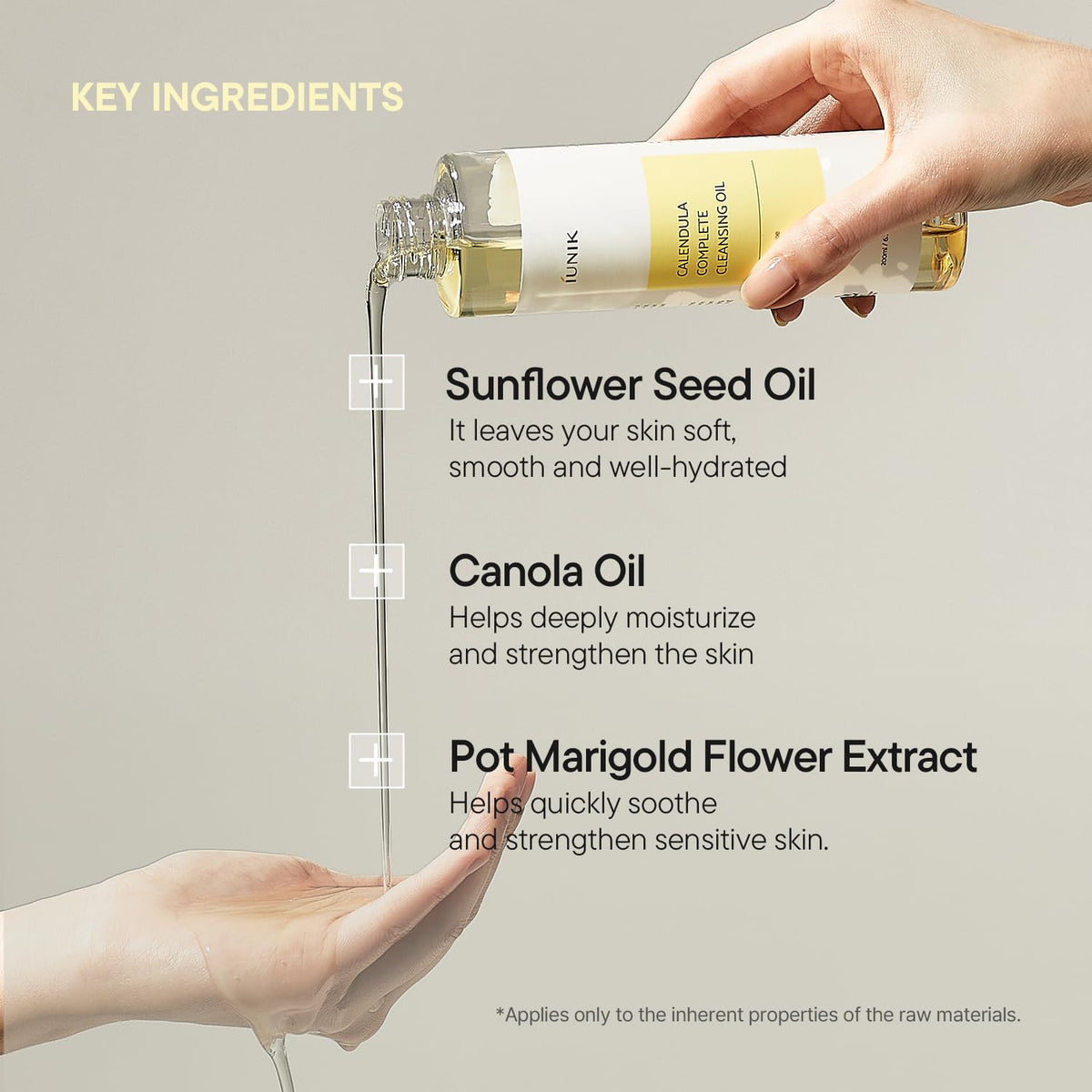 IUNIK label detail showing calendula and jojoba ingredients clearly