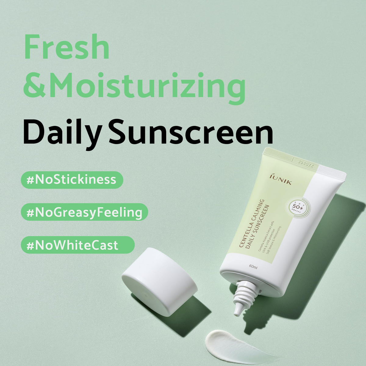 IUNIK product label listing Centella, niacinamide, adenosine and SPF details for transparency