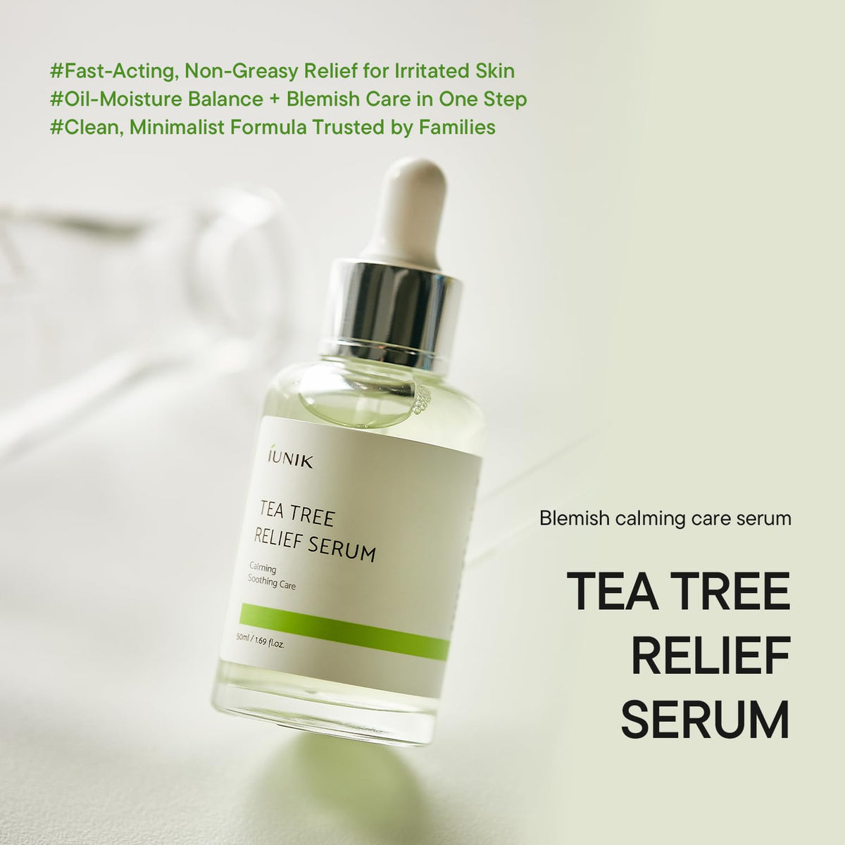 IUNIK serum applied on cheek illustrating soothing, mattifying effect