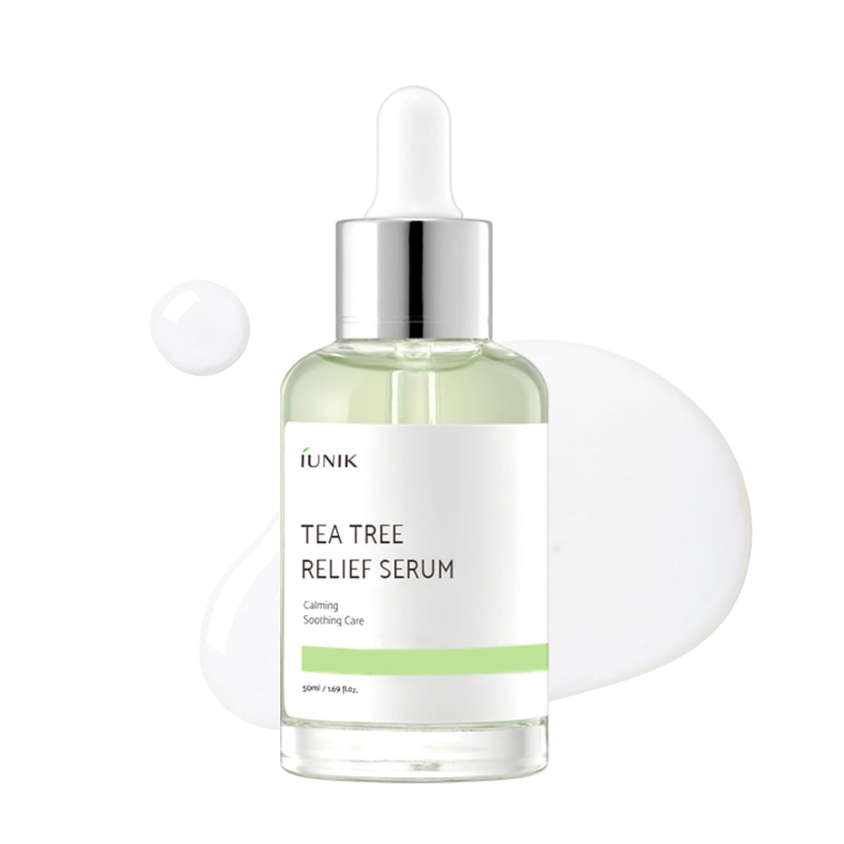 IUNIK front bottle view showing calm-focused serum and packaging benefit