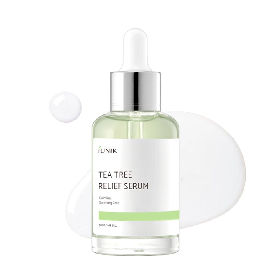 IUNIK front bottle view showing calm-focused serum and packaging benefit
