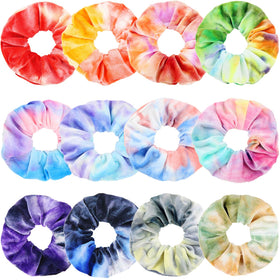 IVARYSS front view of 12 velvet tie-dye scrunchies showing vibrant colors and value