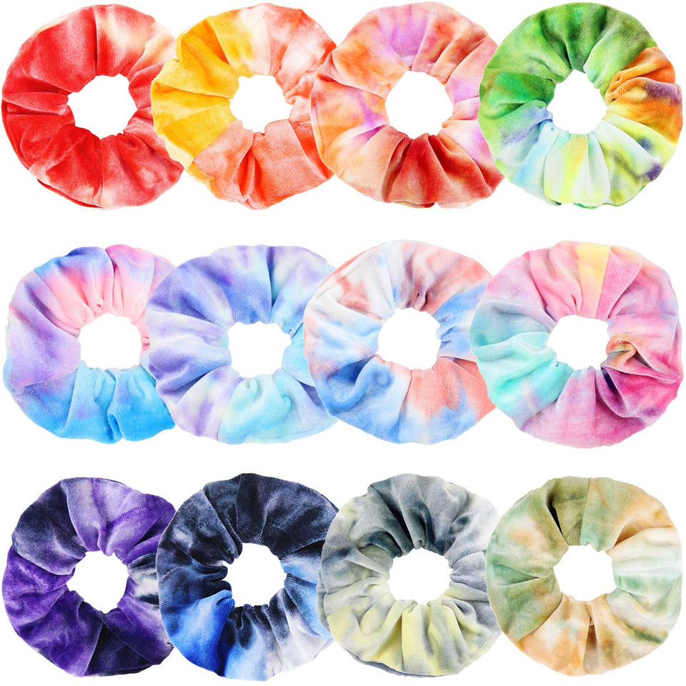 IVARYSS front view of 12 velvet tie-dye scrunchies showing vibrant colors and value
