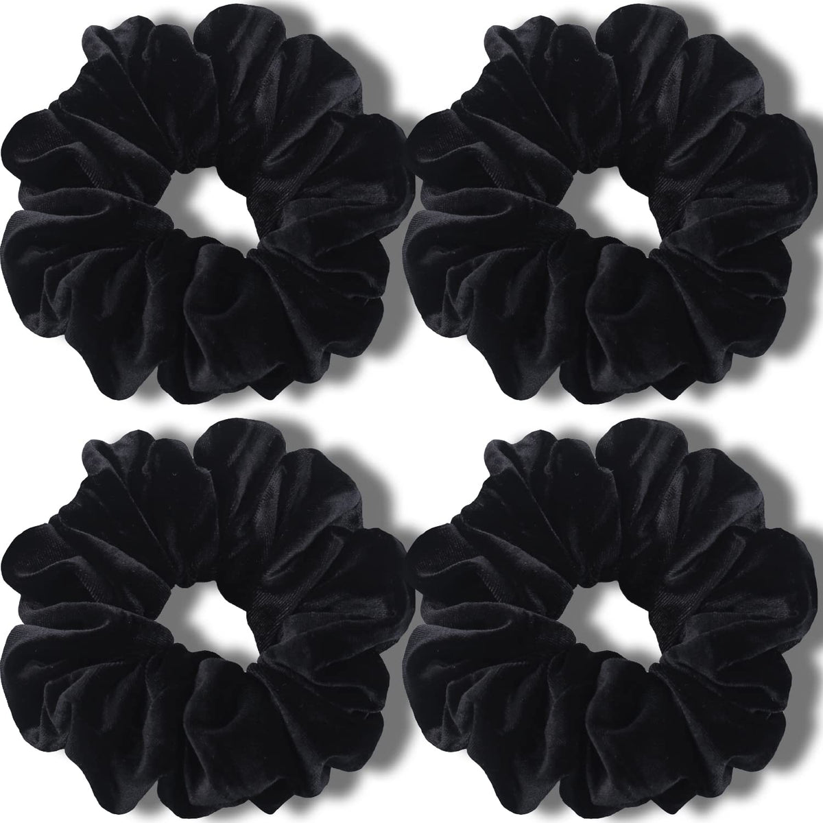 IVARYSS front view of four black scrunchies showing plush velvet for polished looks