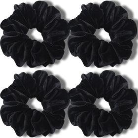 IVARYSS front view of four black scrunchies showing plush velvet for polished looks