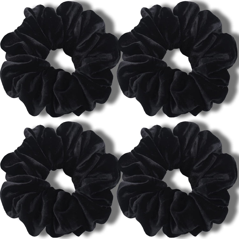 IVARYSS front view of four black scrunchies showing plush velvet for polished looks