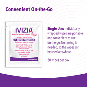 iVIZIA wipe being used on eyelid demonstrating safe, no-rinse makeup removal