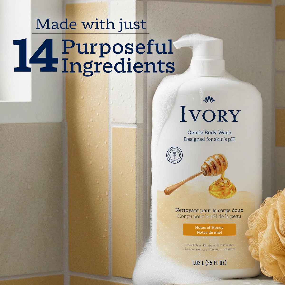 Ivory bottle beside common items showing 35 oz size and value-per-use benefit
