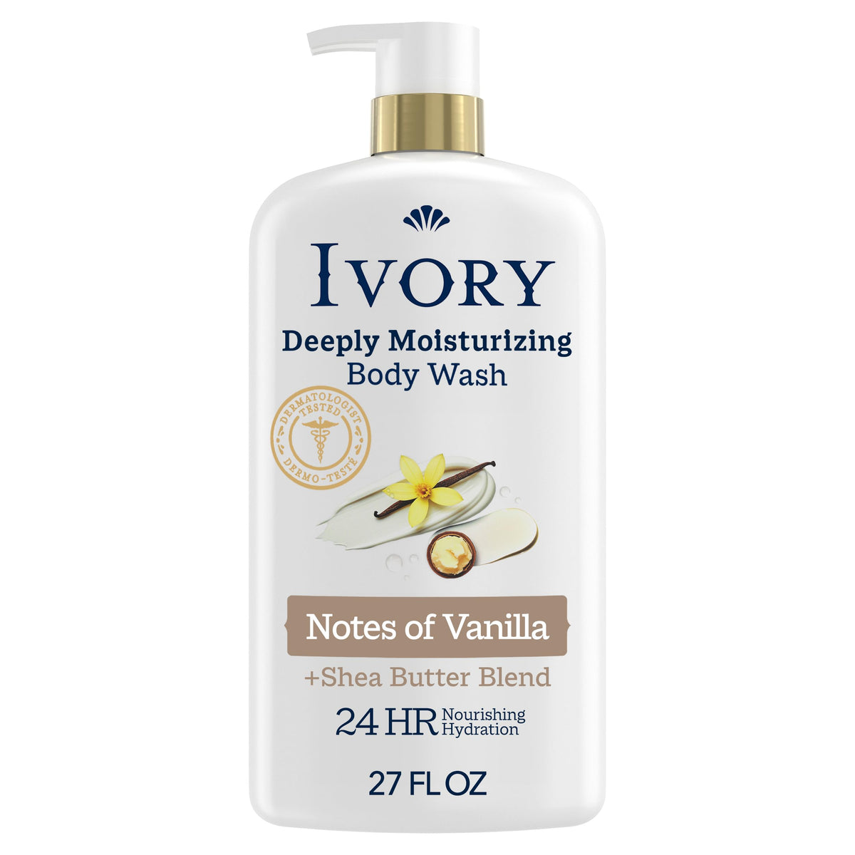 Ivory front bottle showing label and vanilla scent for gentle hydration