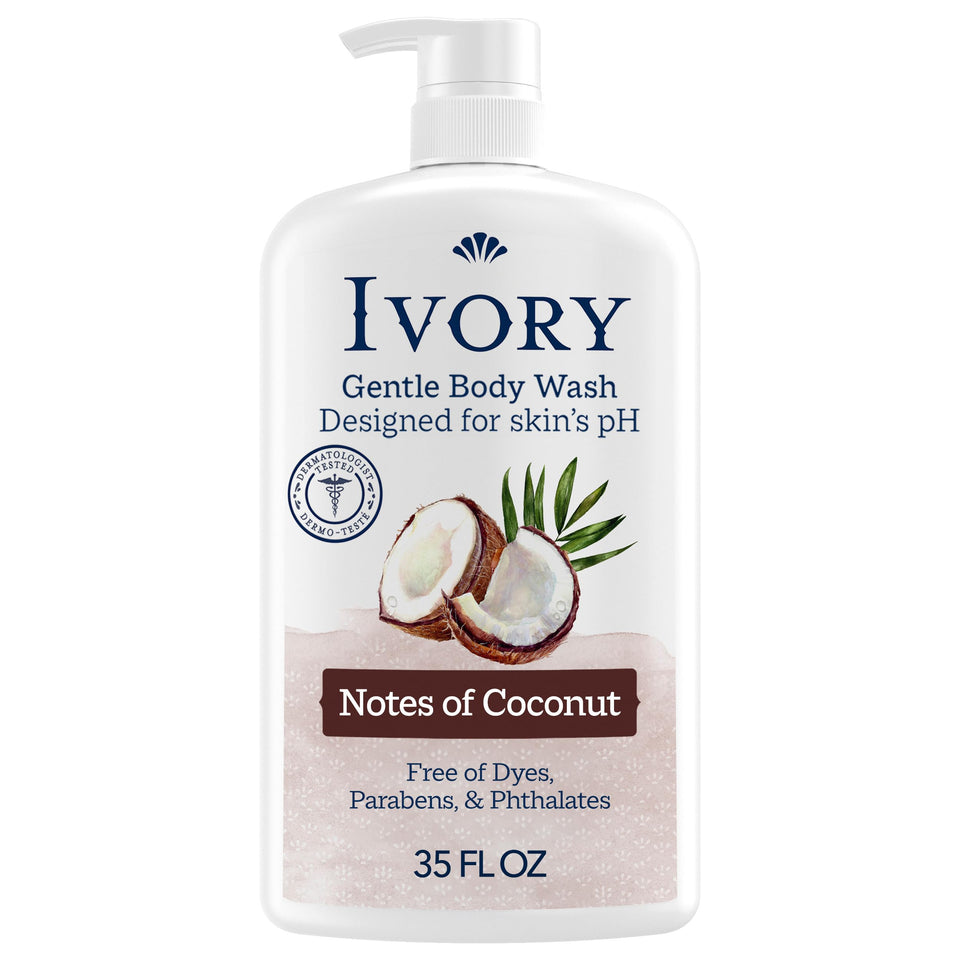 Ivory front bottle showing coconut scent and 35 oz volume benefit