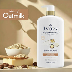 Ivory bottle on bath shelf staged to show storage convenience and aesthetic benefit