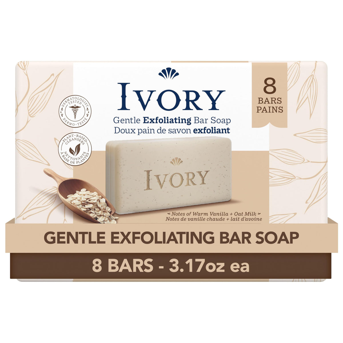 Ivory front packaging showing exfoliating bath bar and benefits