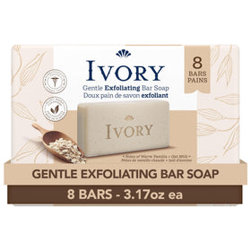 Ivory front packaging showing exfoliating bath bar and benefits