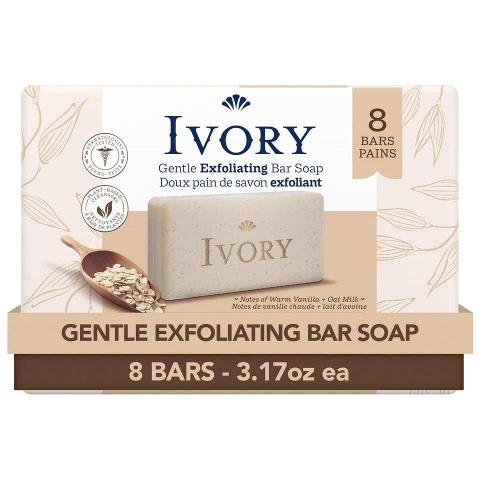 Ivory front packaging showing exfoliating bath bar and benefits