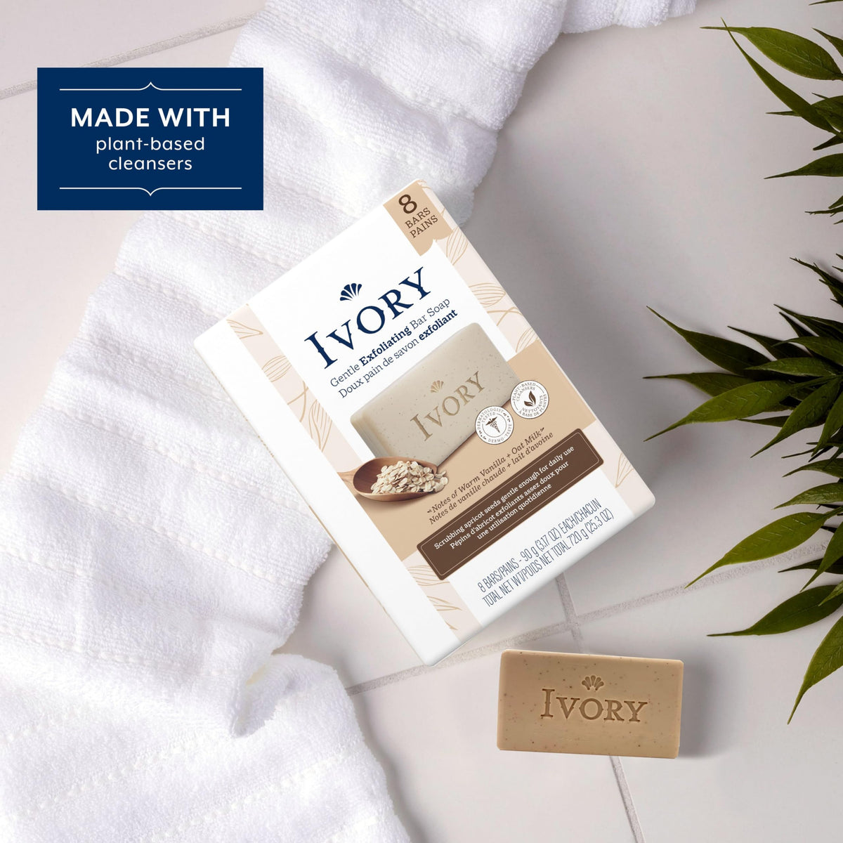 Ivory label highlighting warm vanilla and oat milk subtle scent benefit
