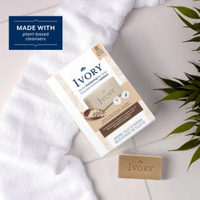Ivory label highlighting warm vanilla and oat milk subtle scent benefit
