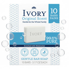 Ivory front packaging showing 10-count, clear family-friendly soap benefits