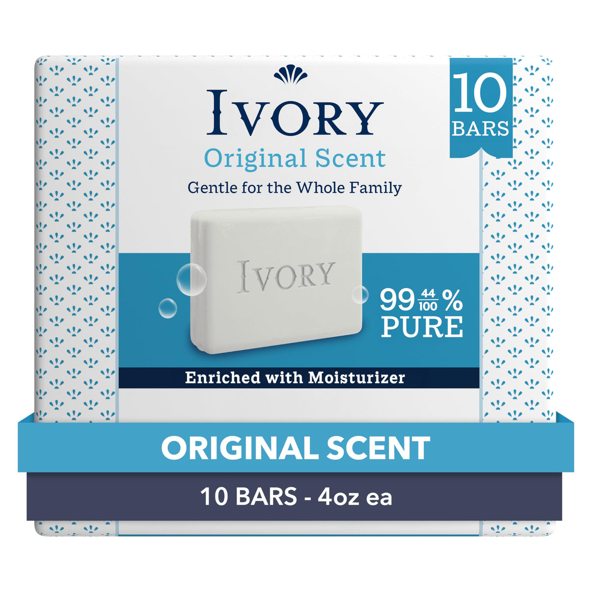Ivory front packaging 10-pack showing contents and logo, gentle everyday benefit