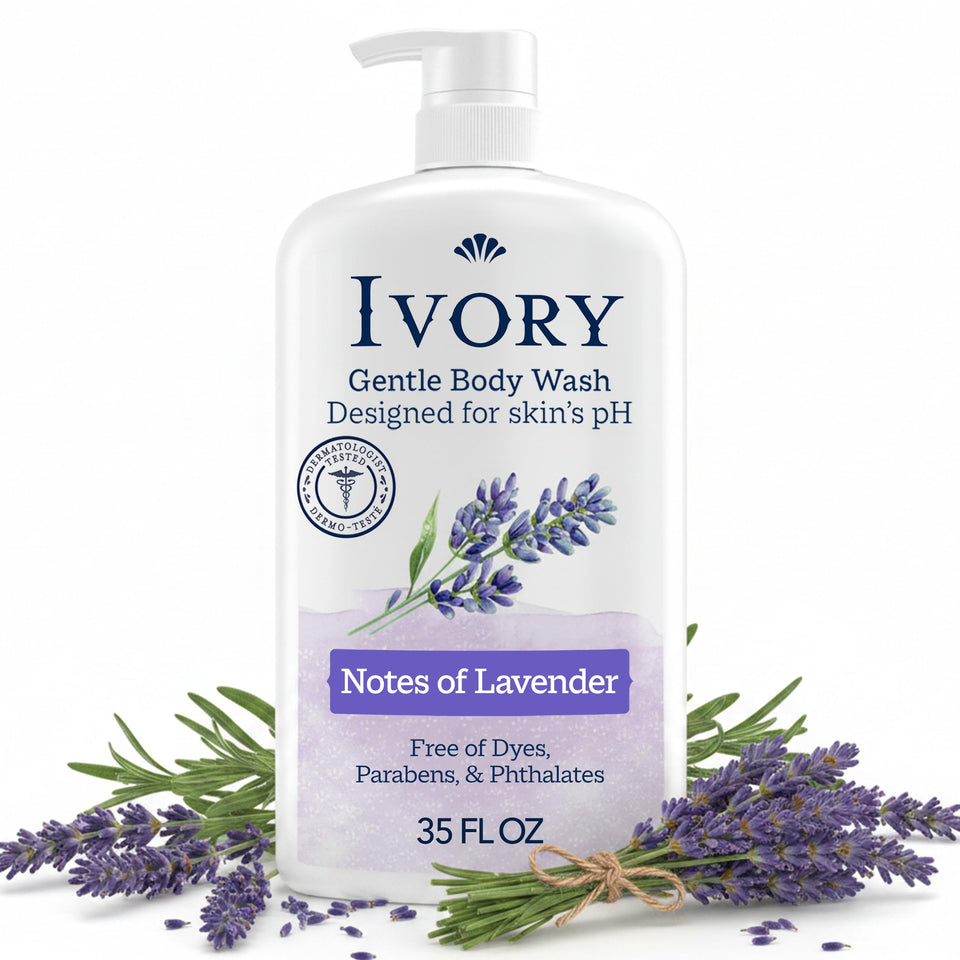 Ivory front packaging 35 oz bottle showing gentle lavender and family-friendly benefit