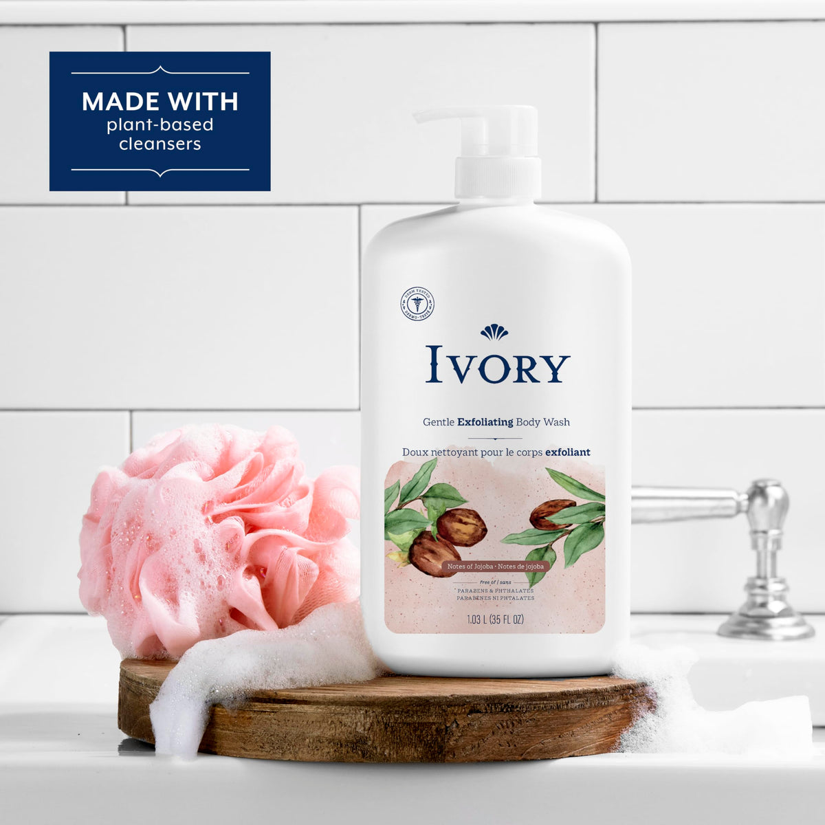 Person using Ivory body wash in shower demonstrating mild lathering